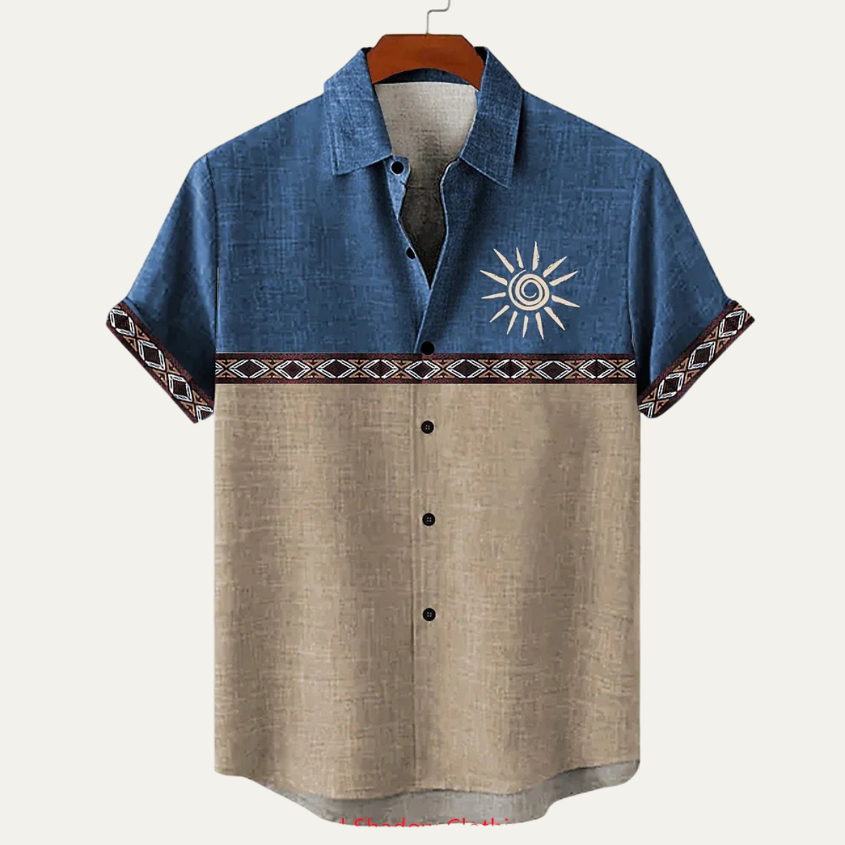 Ash | Men's Boho Linen Button Up Shirt Cream Blue Colorblock