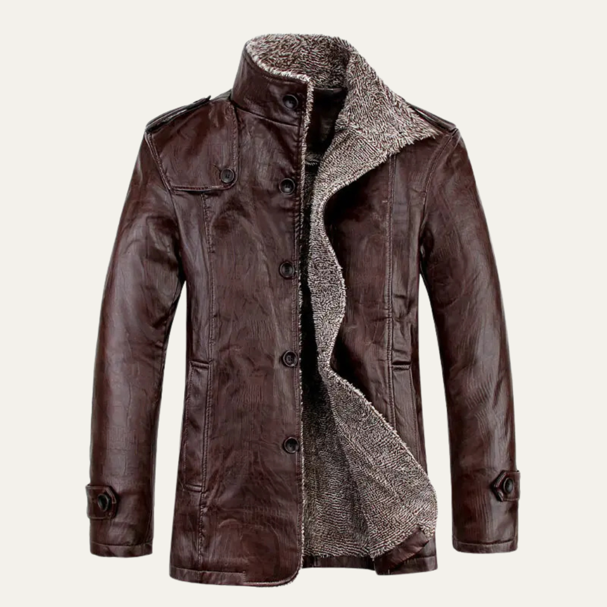 Axel | Men's Brown Leather Jacket Fleece Lined Stand Collar