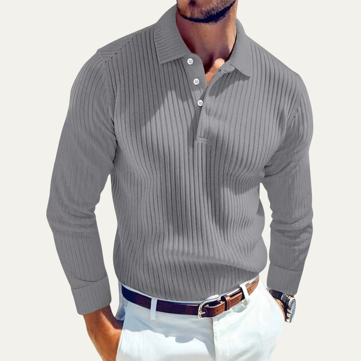 Beau | Men's Ribbed Long Sleeve Polo Shirt Cream