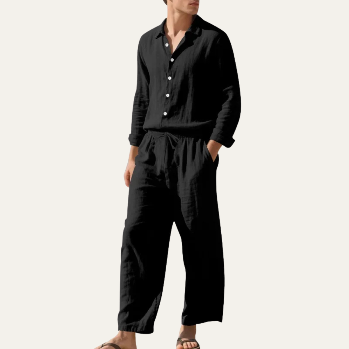 Beau | Men's Linen Lounge Set Gray Long Sleeve Shirt Wide Leg Pants