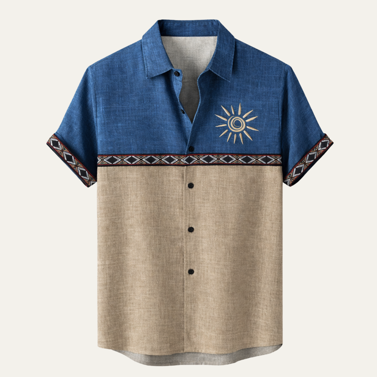 Ash | Men's Boho Linen Button Up Shirt Cream Blue Colorblock
