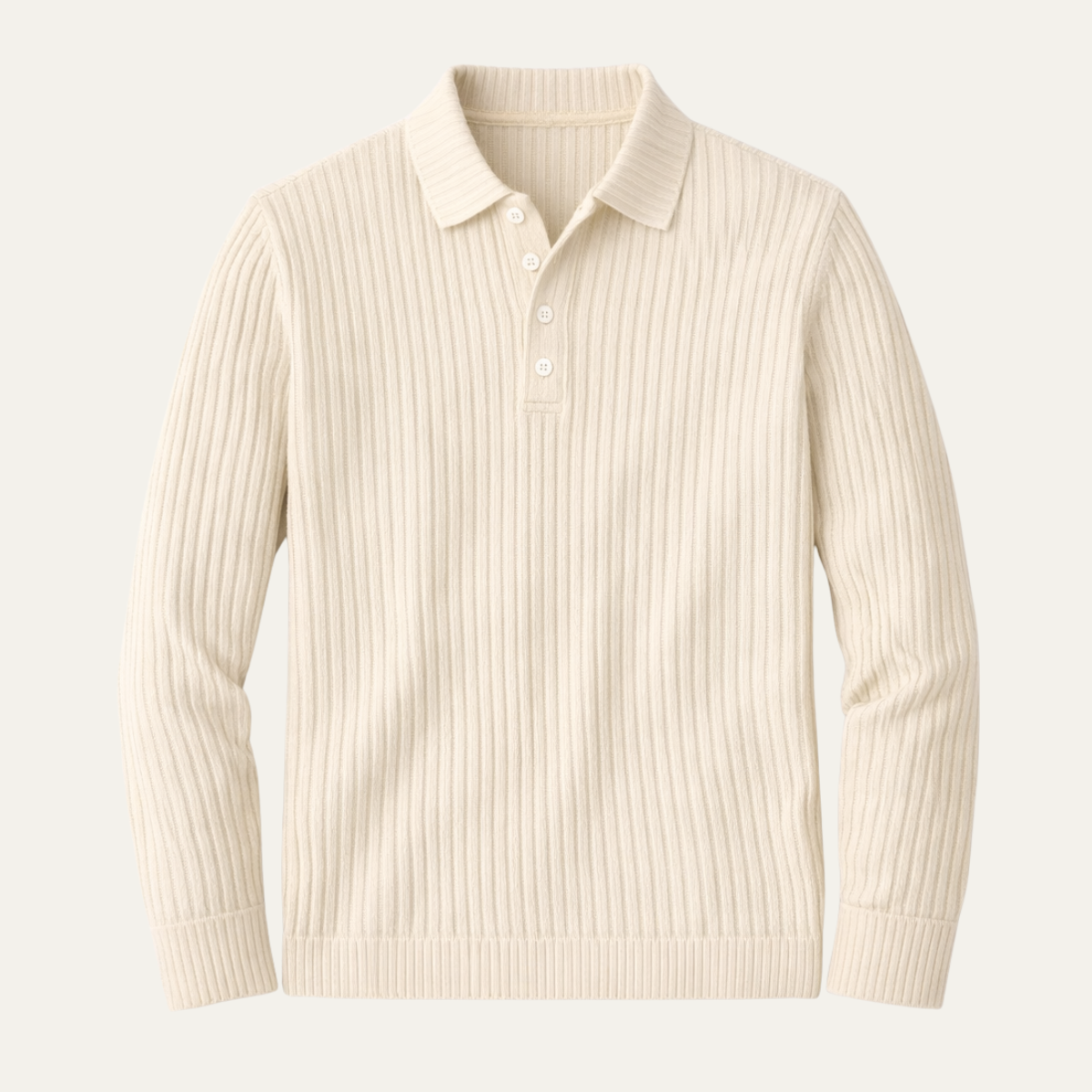 Beau | Men's Ribbed Long Sleeve Polo Shirt Cream