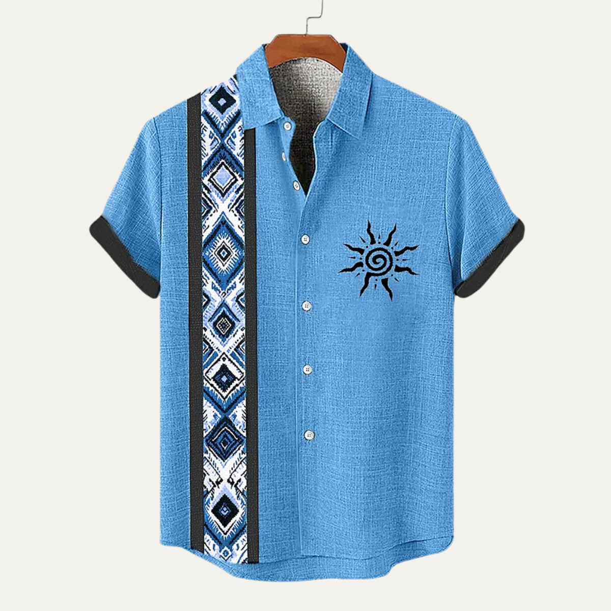 Ash | Men's Boho Linen Button Up Shirt Cream Blue Colorblock