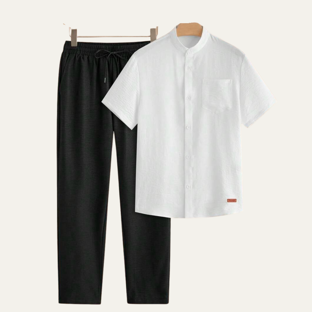 Luca | Men's Lounge Set Brown Shirt Cream Pants Short Sleeve