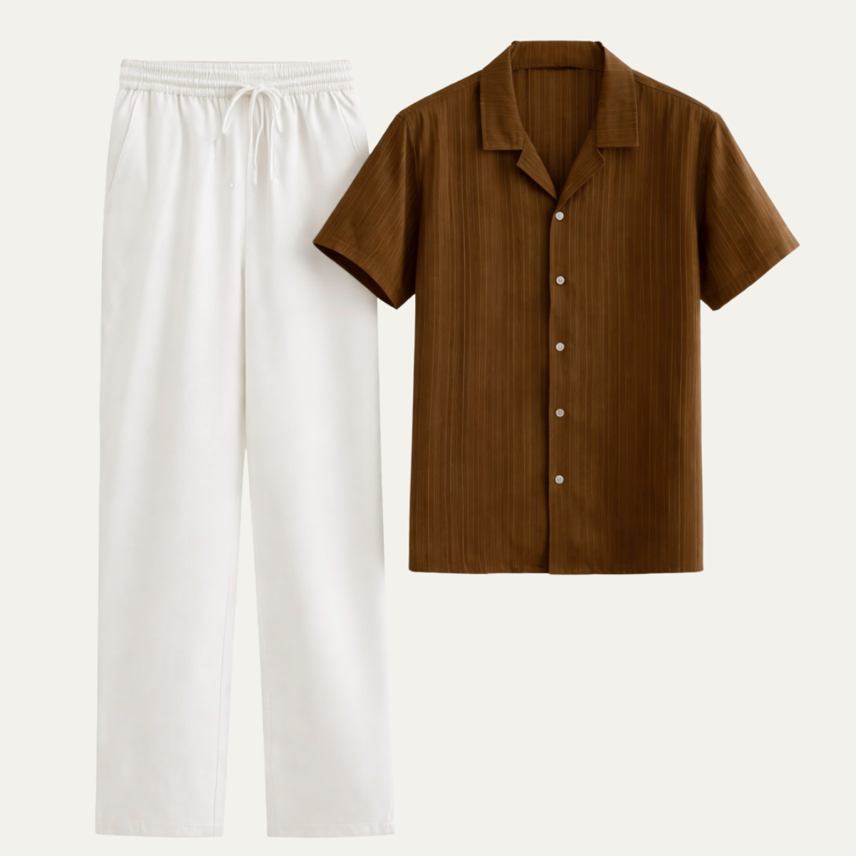 Luca | Men's Lounge Set Brown Shirt Cream Pants Short Sleeve