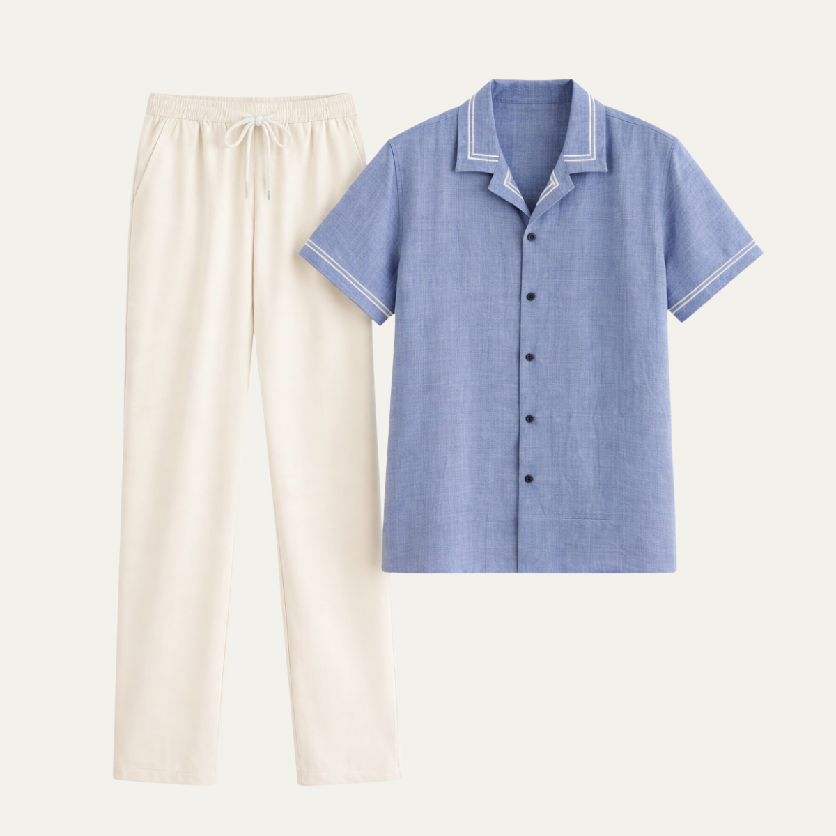 Luca | Men's Lounge Set Brown Shirt Cream Pants Short Sleeve