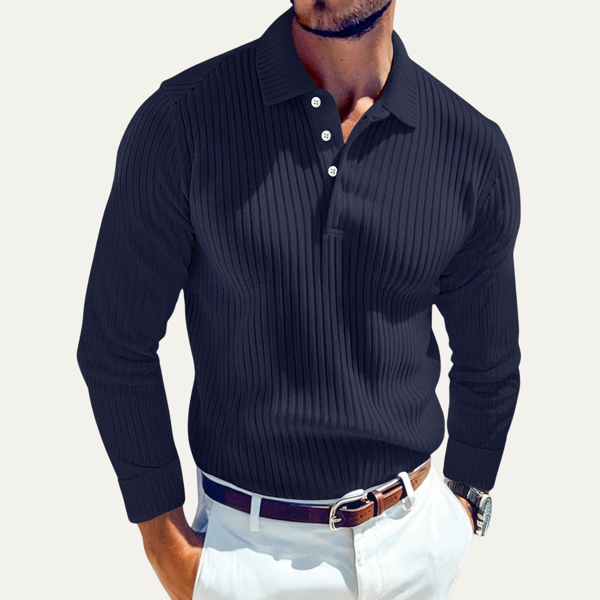 Beau | Men's Ribbed Long Sleeve Polo Shirt Cream