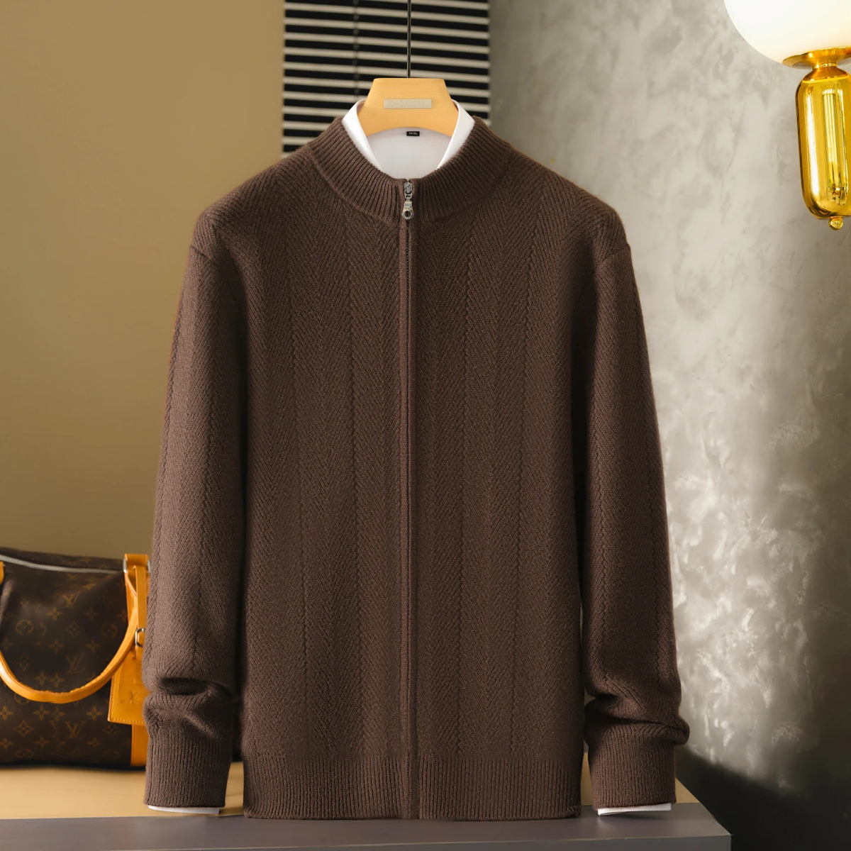 Axel | Men's Crew Neck Zip Up Cardigan Gray Herringbone Knit