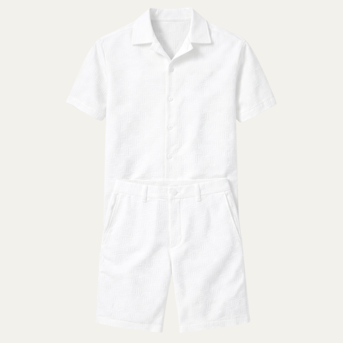 Bram | Men's Sweatsuit White Textured Button Up Short Sleeve