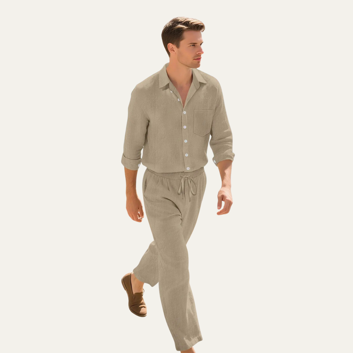 Kai | Men's Linen Shirt And Drawstring Pants Set Cream
