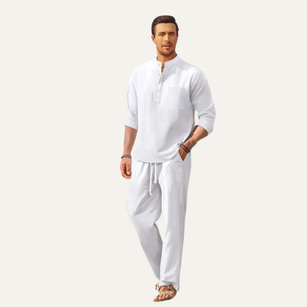 Sage | Men's Henley Shirt Cream Long Sleeve