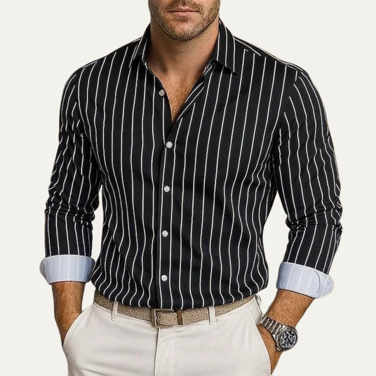 Kai | Men's Striped Button Down Shirt Black White Long Sleeve