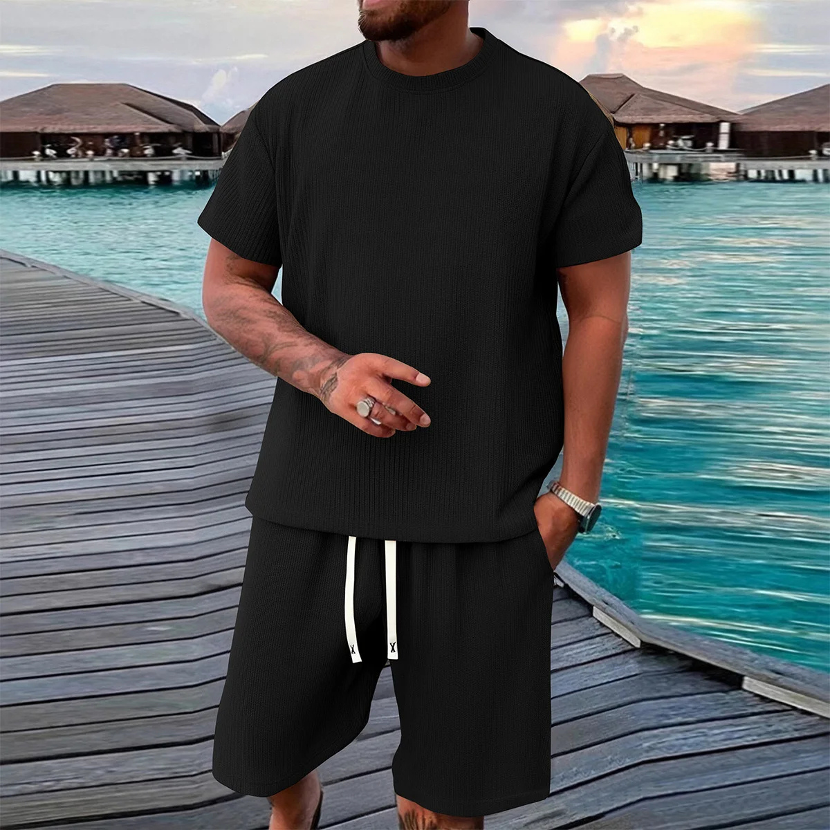 Kade | Men's Sweatsuit Cream Ribbed Knit Short Sleeve