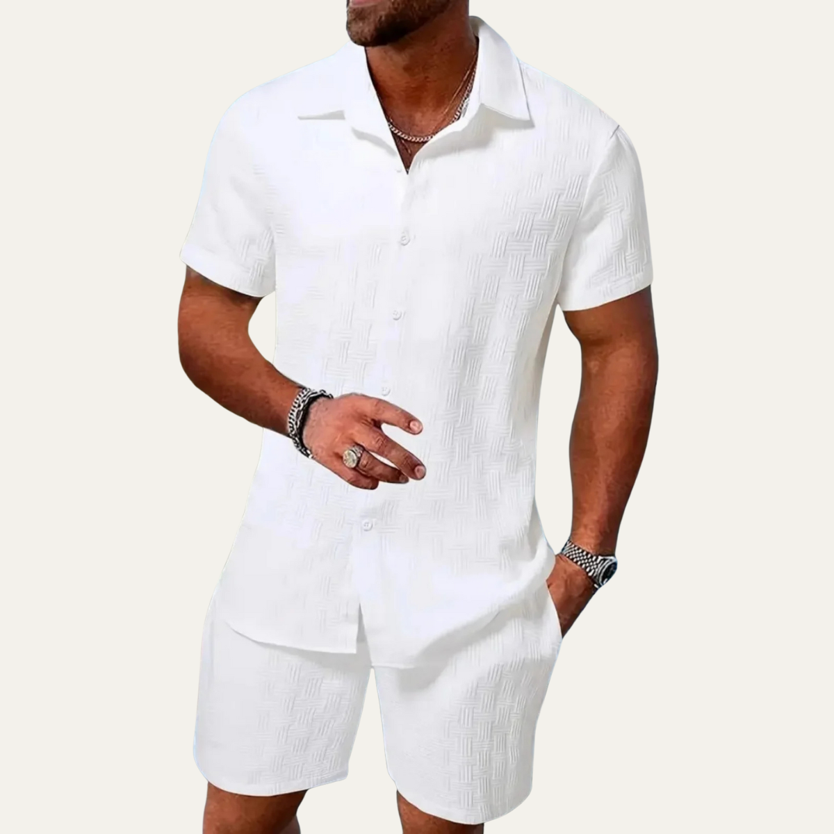 Bram | Men's Sweatsuit White Textured Button Up Short Sleeve