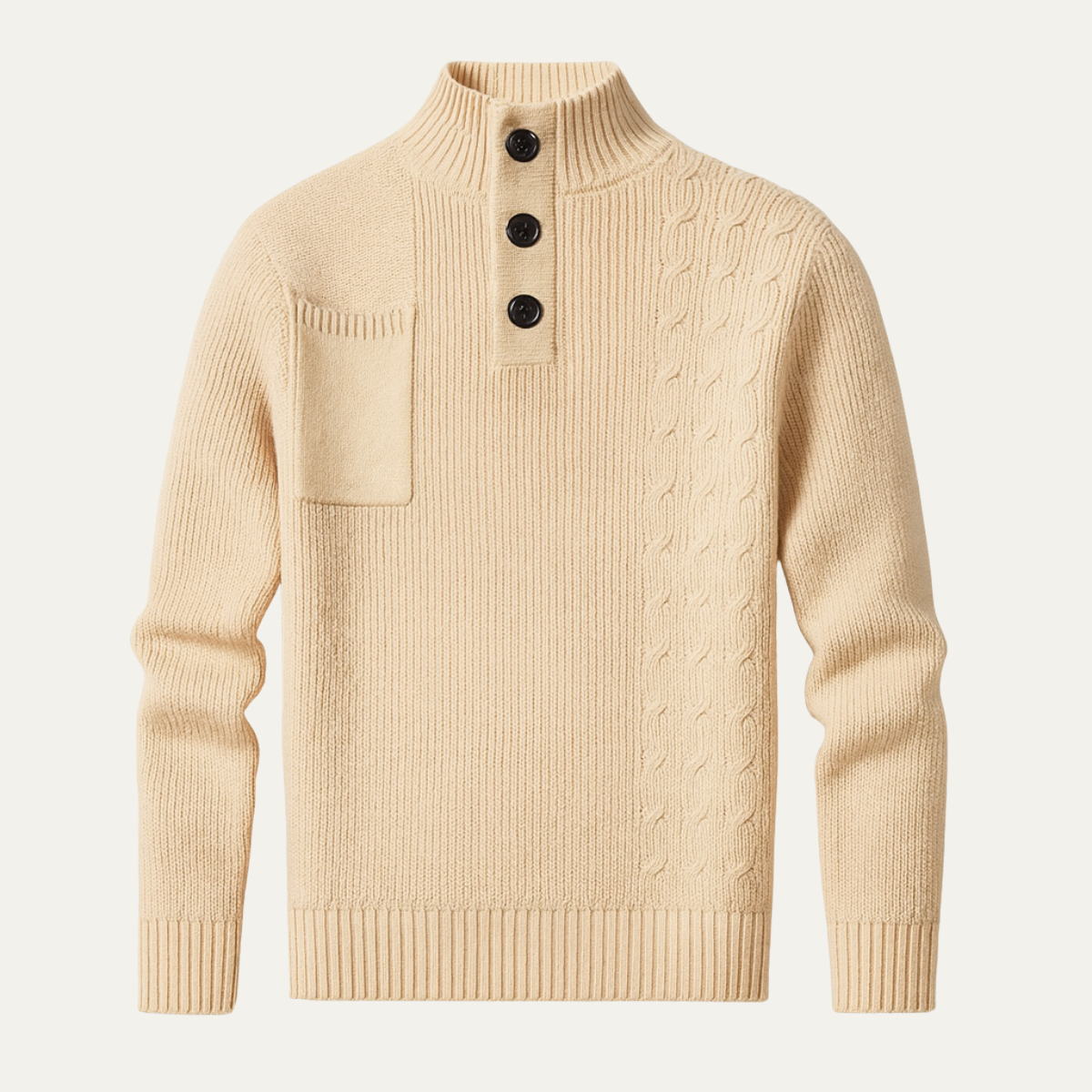 Beau | Men's Cable Knit Mock Neck Sweater Cream Button Collar