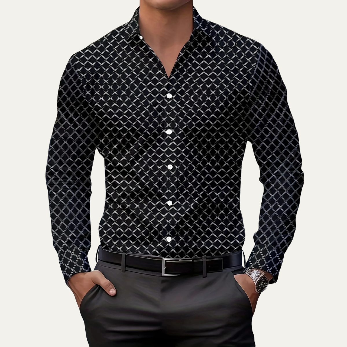 Ezra | Men's Geometric Print Button Up Shirt Black White