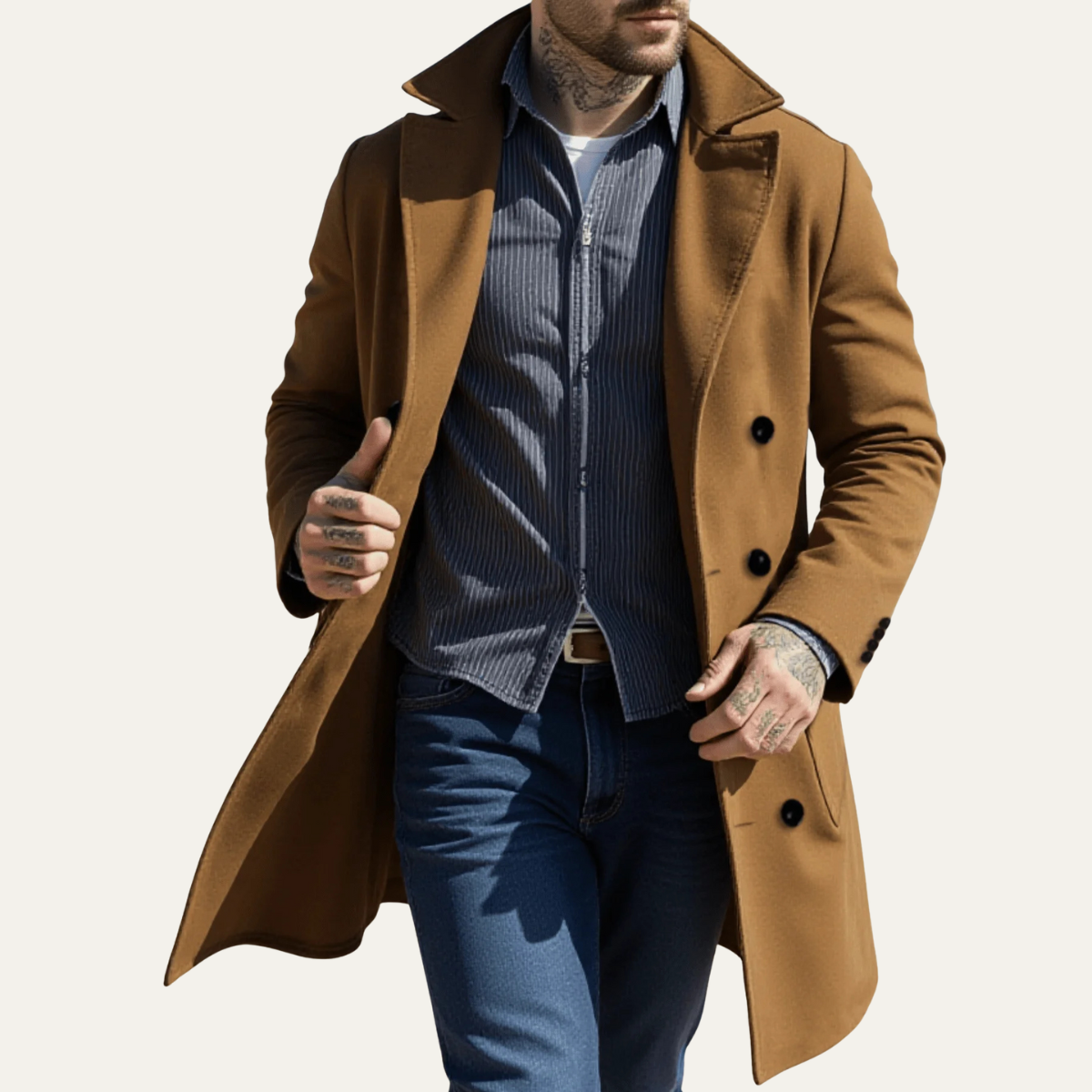 Voss | Men's Double Breasted Wool Coat Cream Long