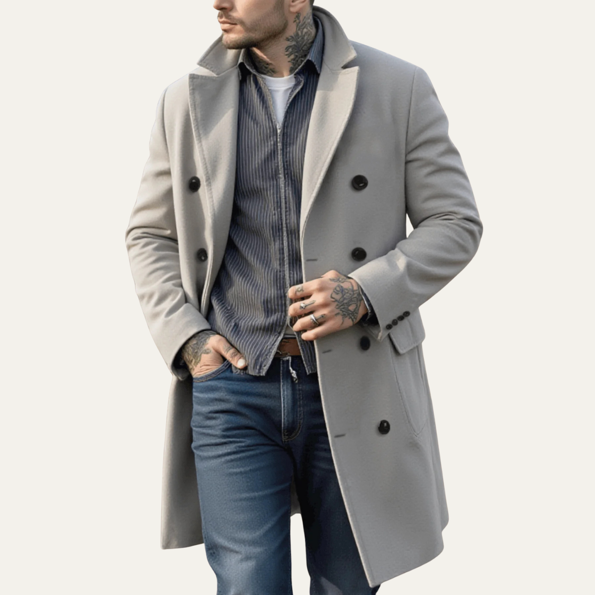 Voss | Men's Double Breasted Wool Coat Cream Long