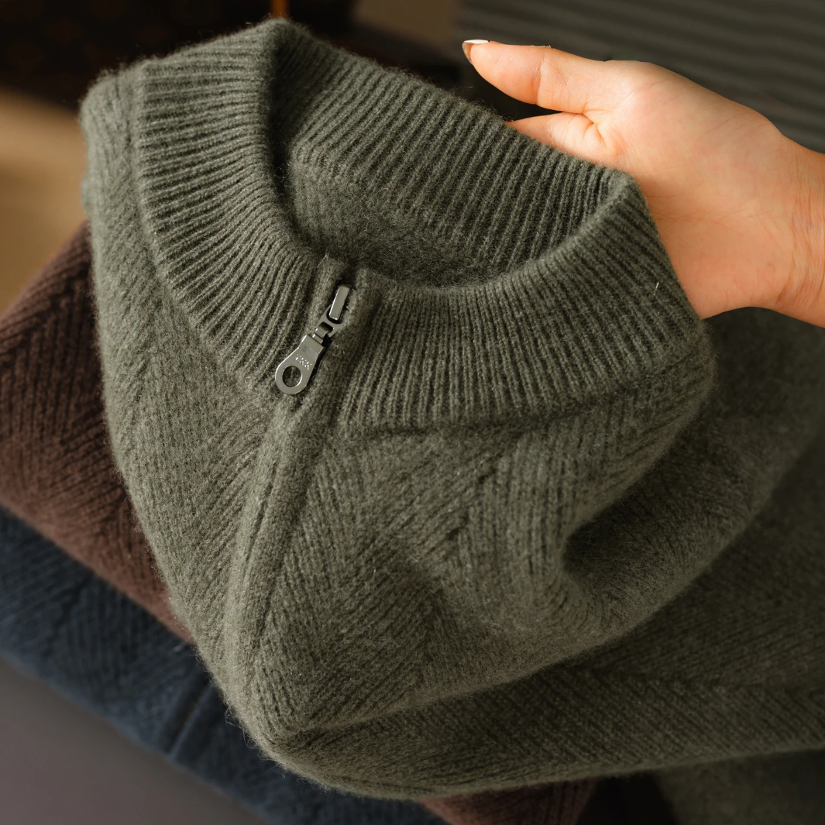 Axel | Men's Crew Neck Zip Up Cardigan Gray Herringbone Knit