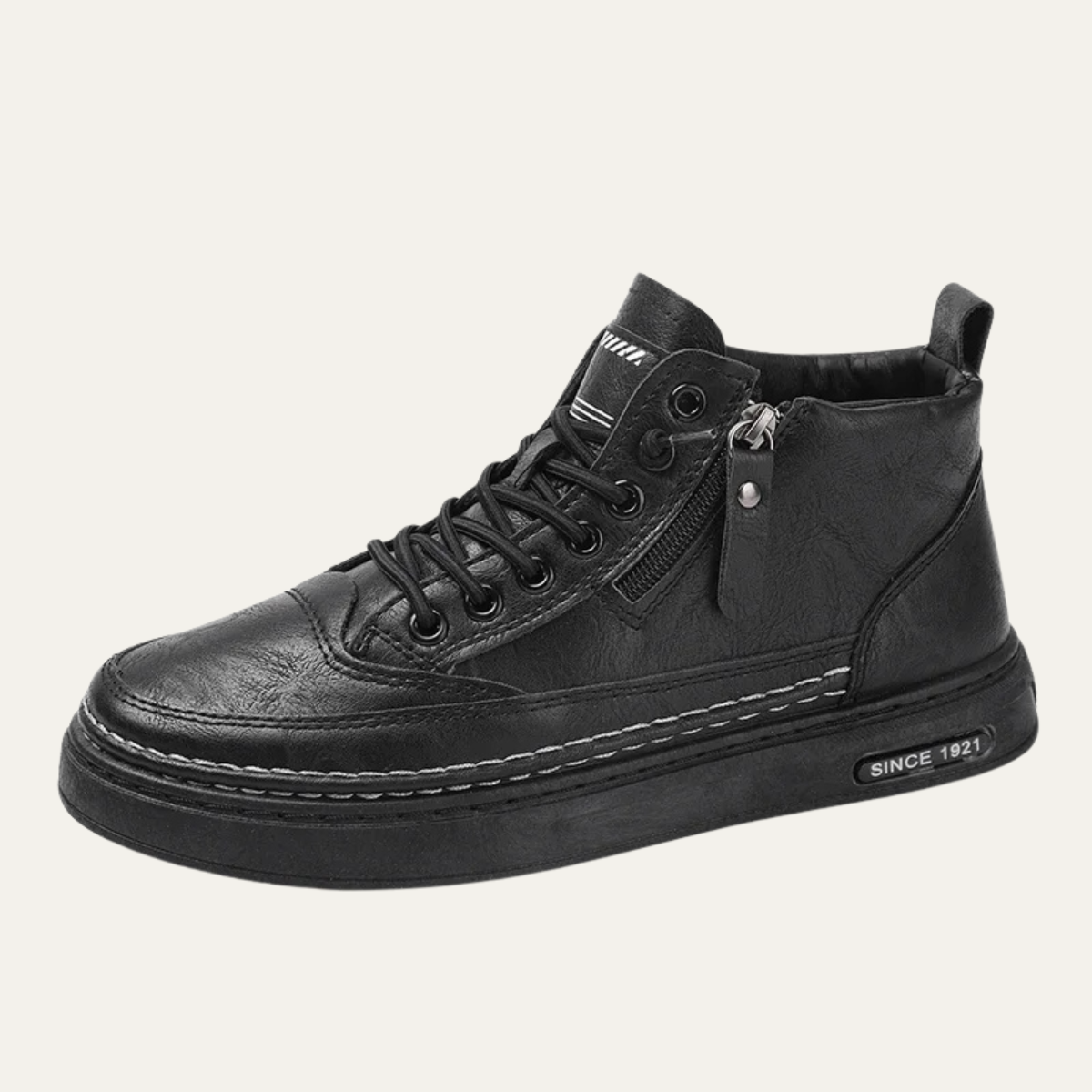 Axel | Men's Black Leather High Top Sneaker Side Zip