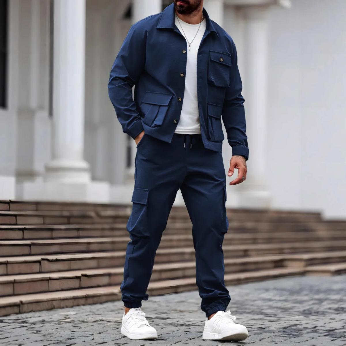 Callum | Men's Utility Cargo Jacket Navy Two Piece Set