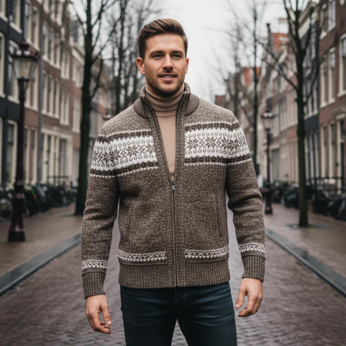 Beau | Men's Wool Blend Cardigan Gray Nordic Pattern Zip Up