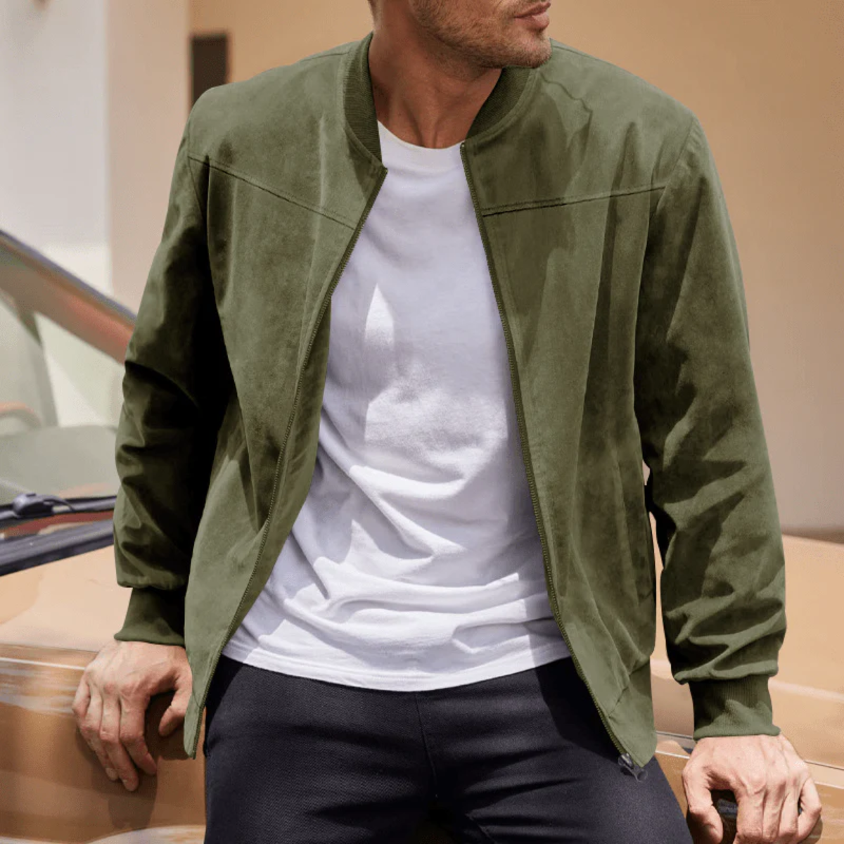Axel | Men's Casual Suede Bomber Jacket Olive Green