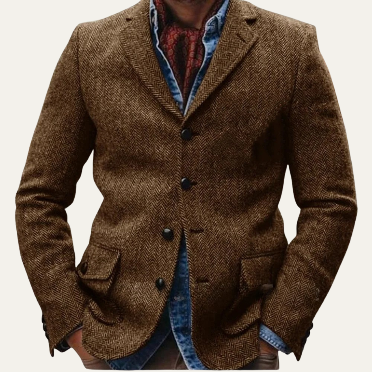 Voss | Men's Tweed Herringbone Blazer Brown Single Breasted