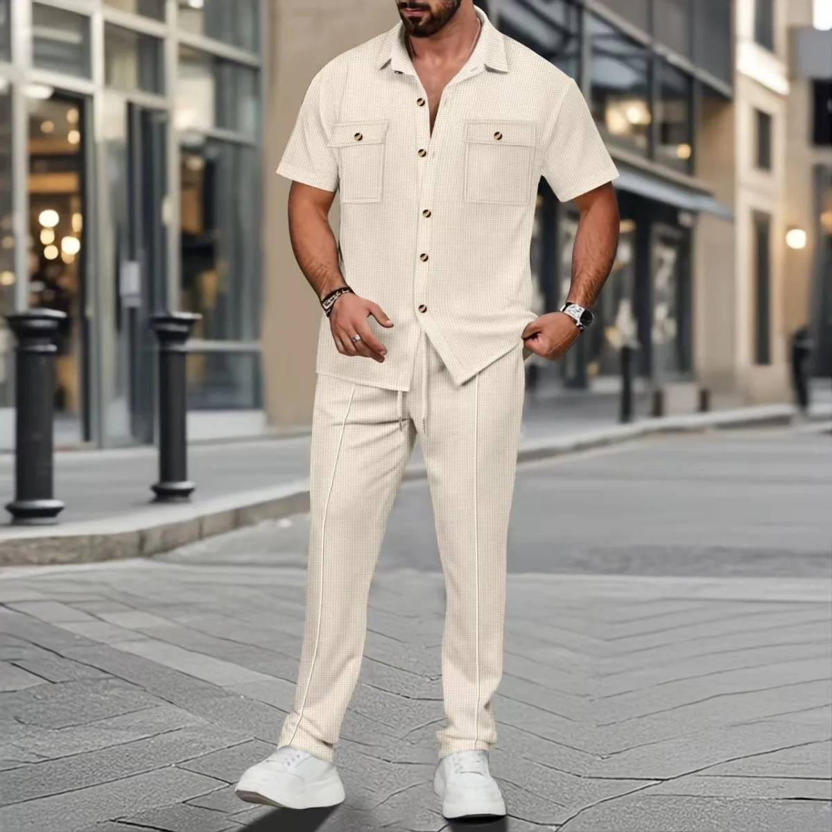 Marco | Men's Casual Linen Matching Set Cream Short Sleeve