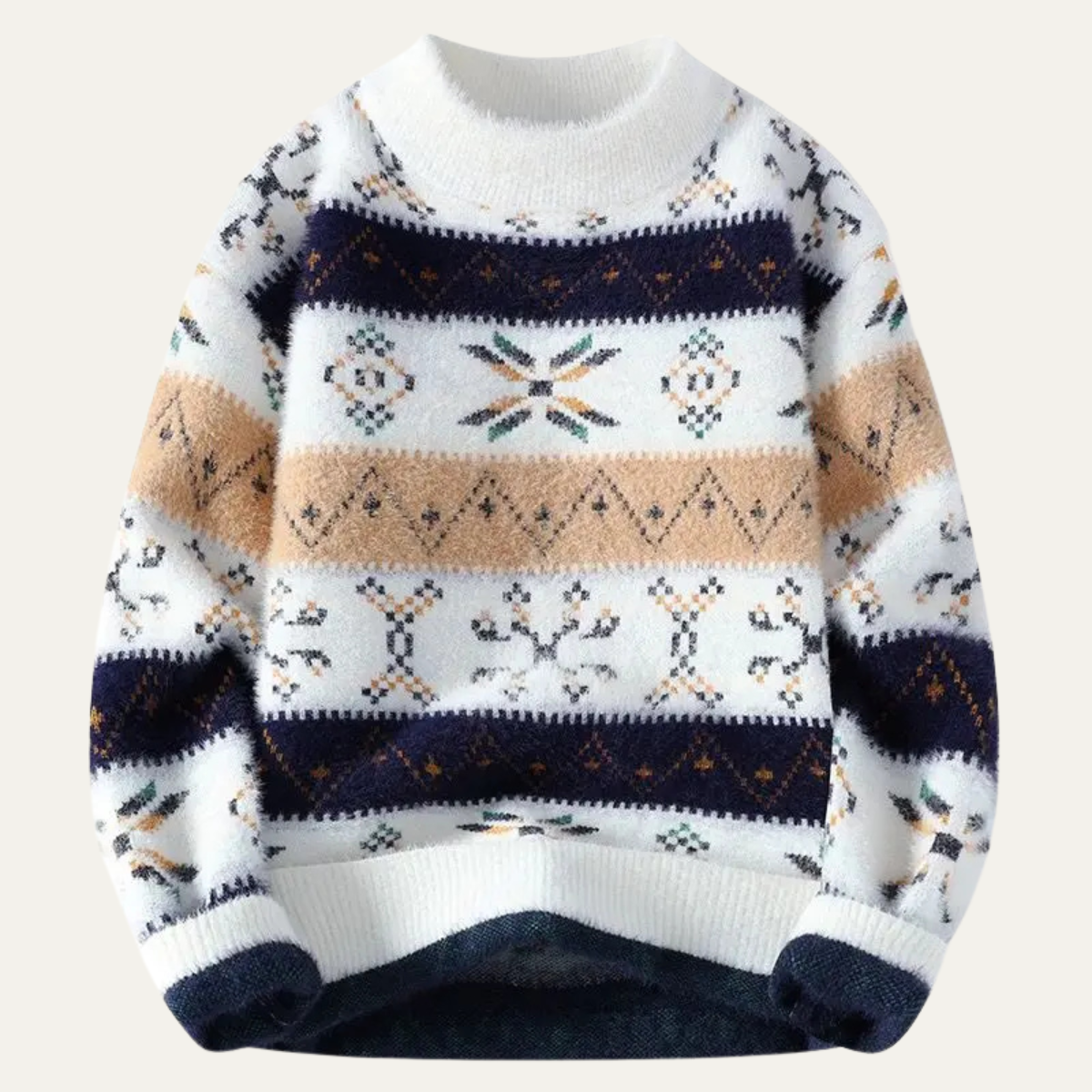Ezra | Men's Crew Neck Sweater Cream Navy Beige Nordic Pattern