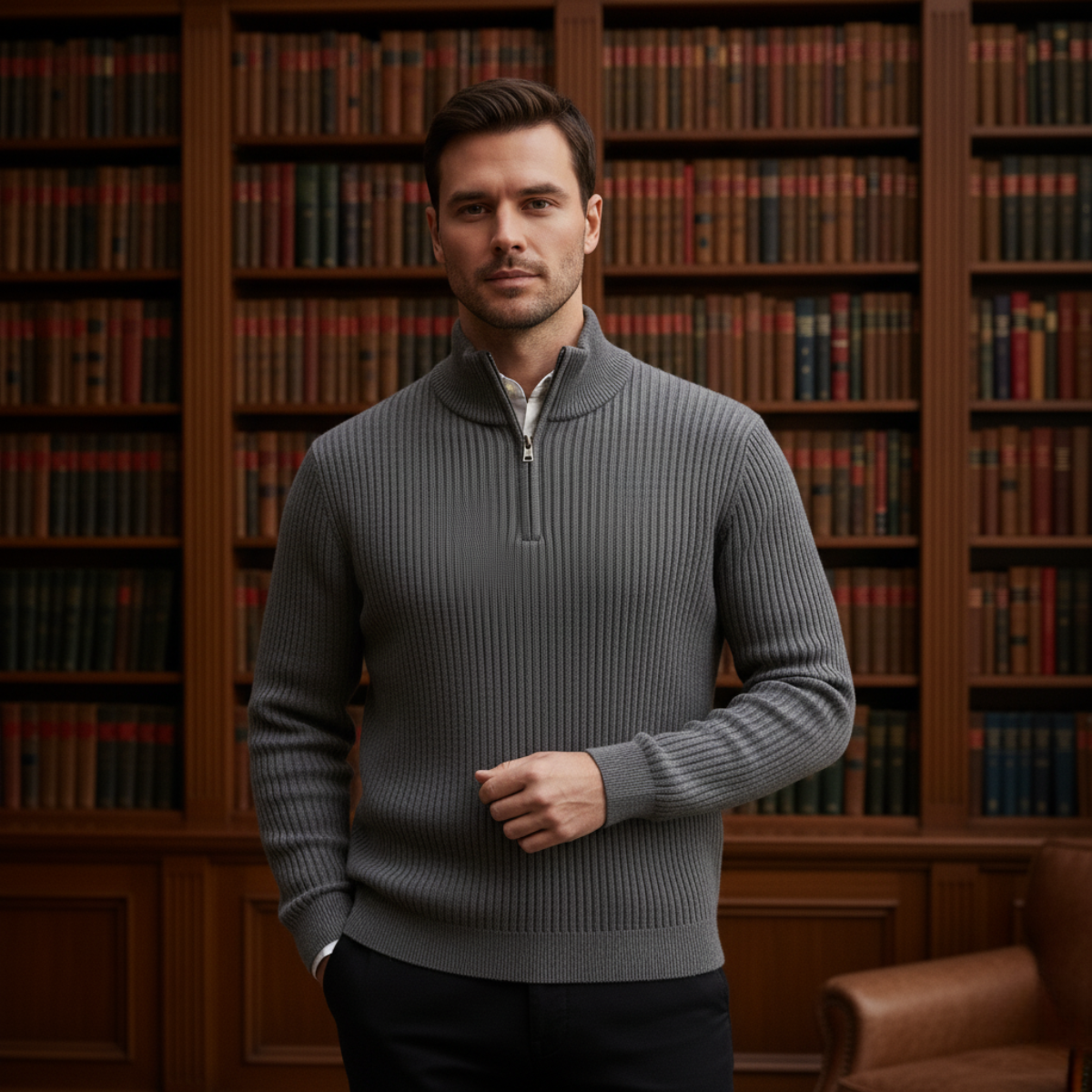Wren | Men's Quarter Zip Sweater Black Ribbed Knit