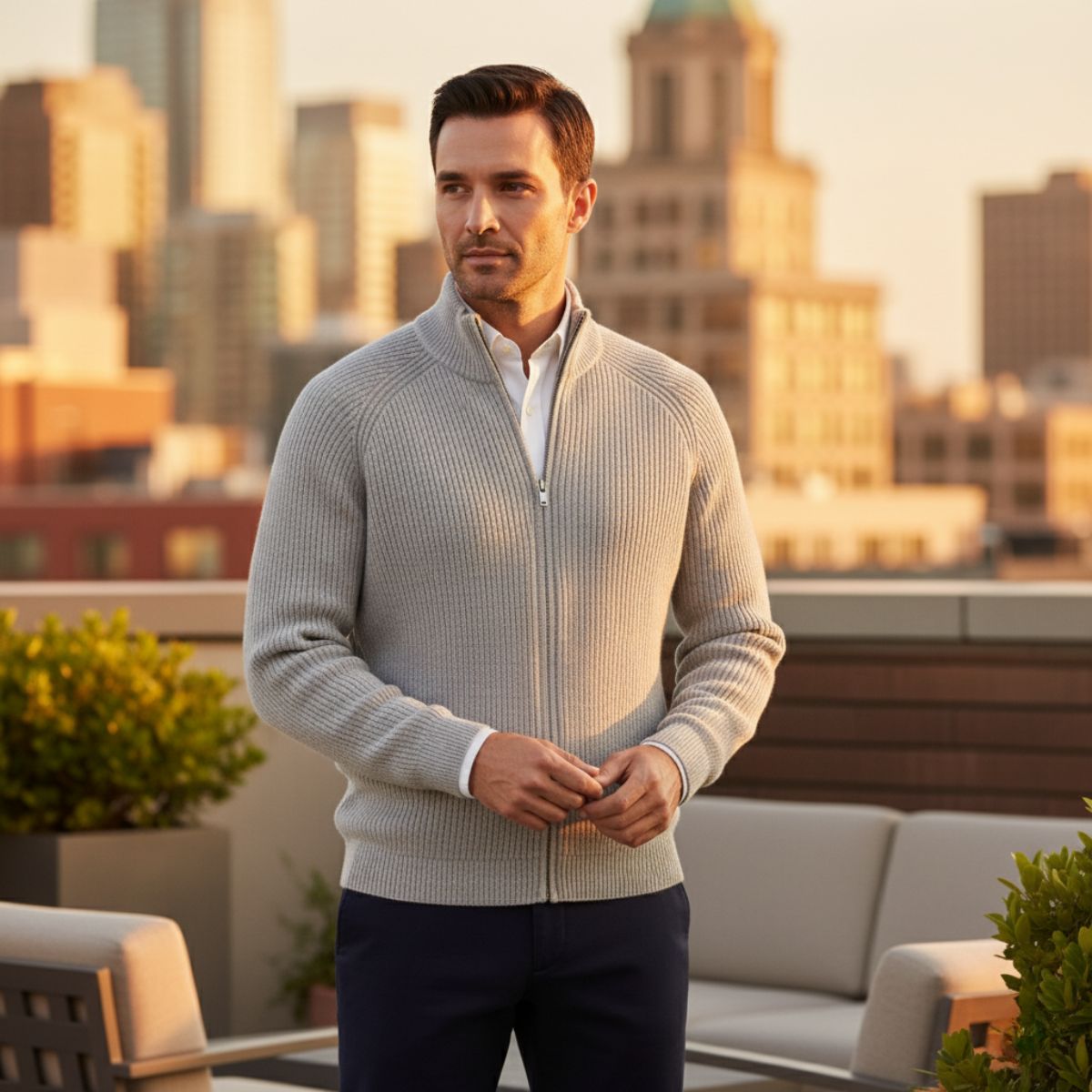 Bram | Men's Cardigan Sage Green Zip Up Ribbed Knit