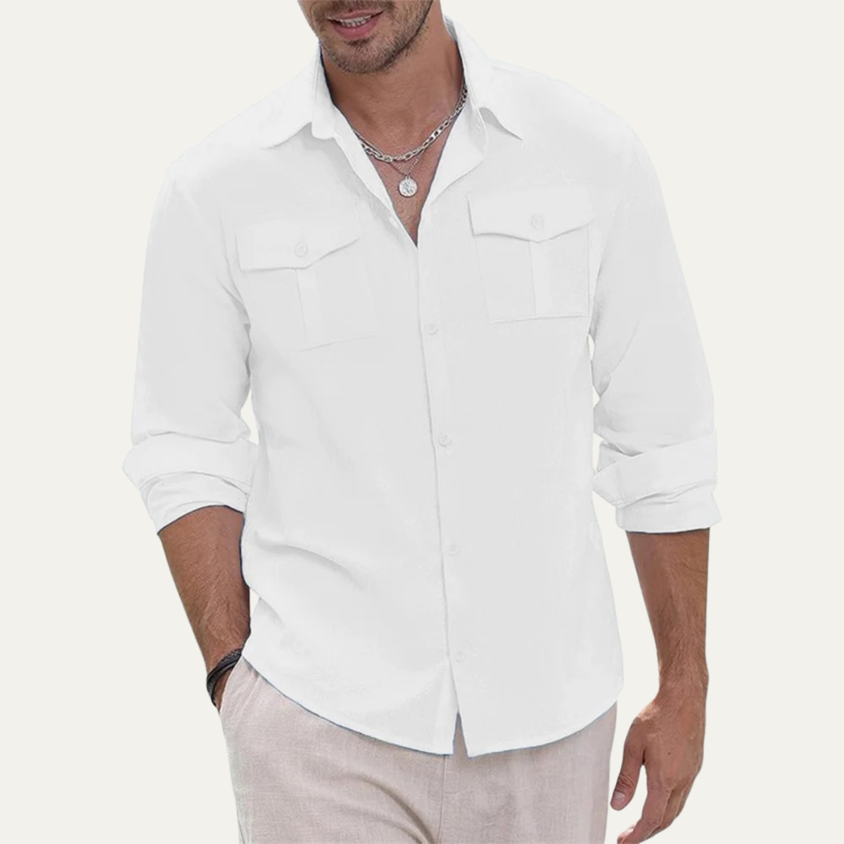 Axel | Men's Linen Shirt White Long Sleeve Button Up Casual