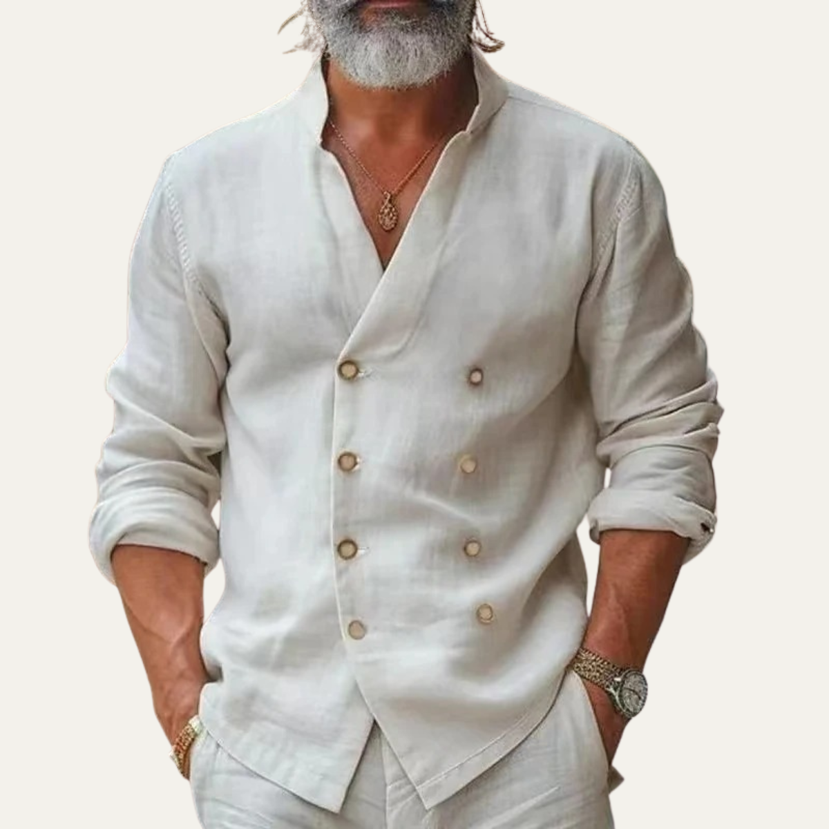 Sage | Men's Double Breasted Linen Shirt Cream Long Sleeve