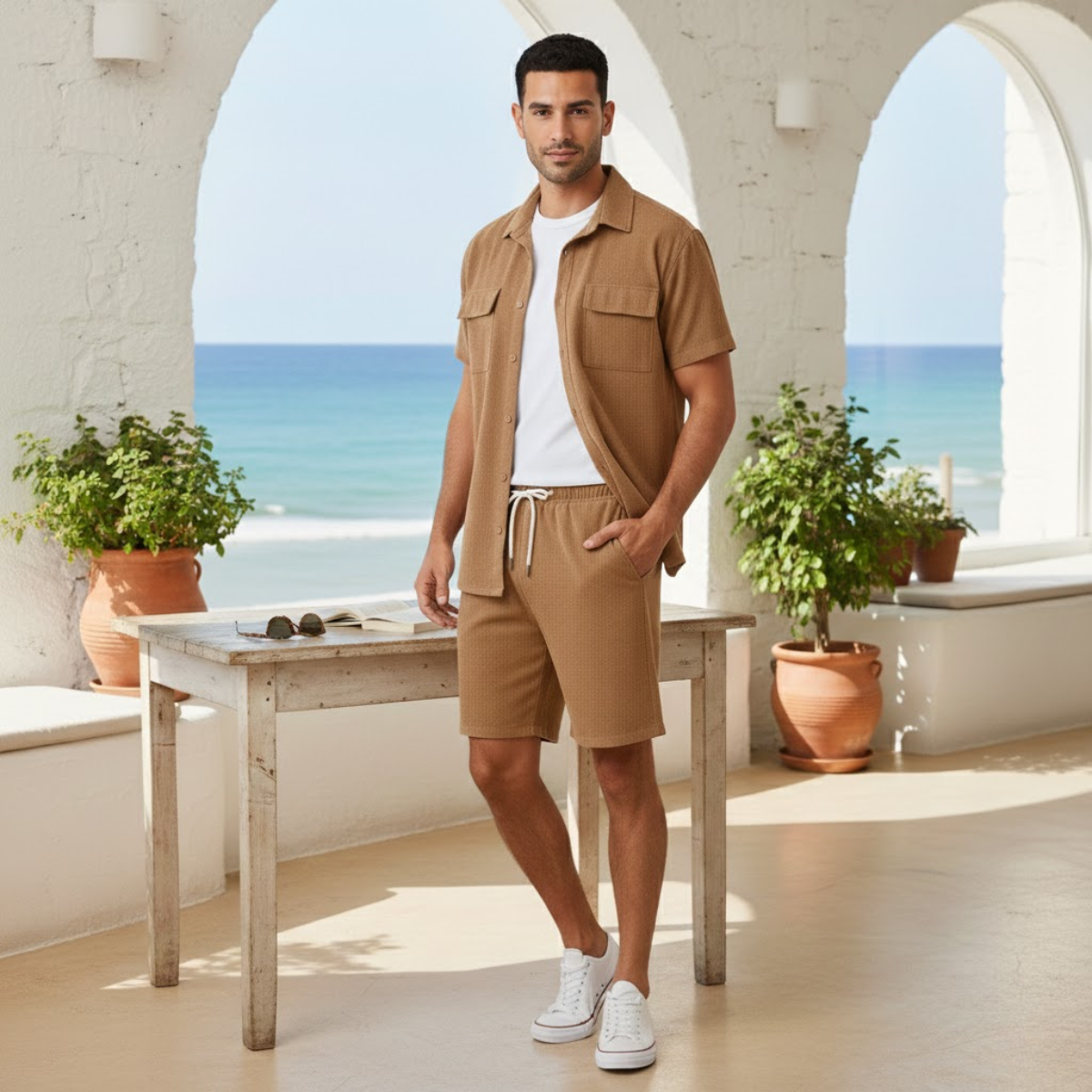 Beau | Men's Casual Corduroy Shorts Set Tan Short Sleeve