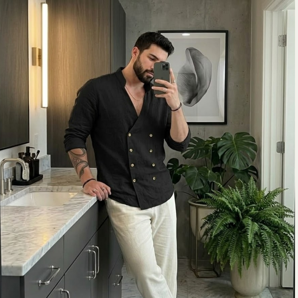 Dama Washington Sage men's double breasted linen shirt cream long sleeve - view 4