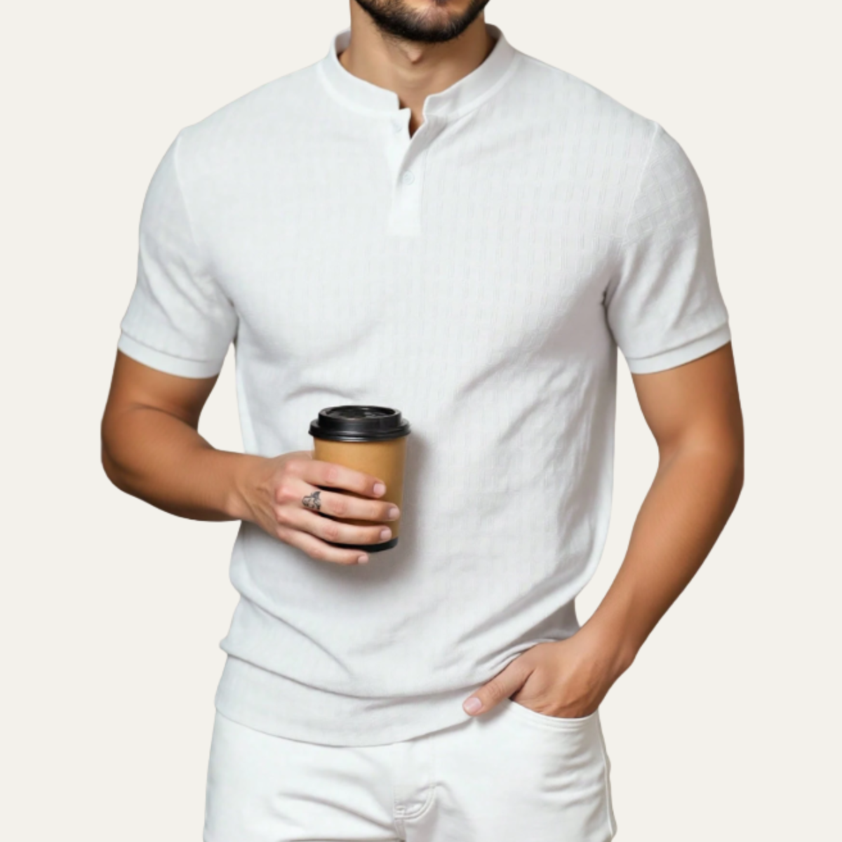Beau | Men's Henley Shirt White Short Sleeve