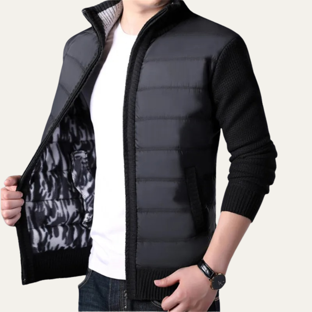 Axel | Men's Quilted Puffer Jacket Black Knit Sleeve