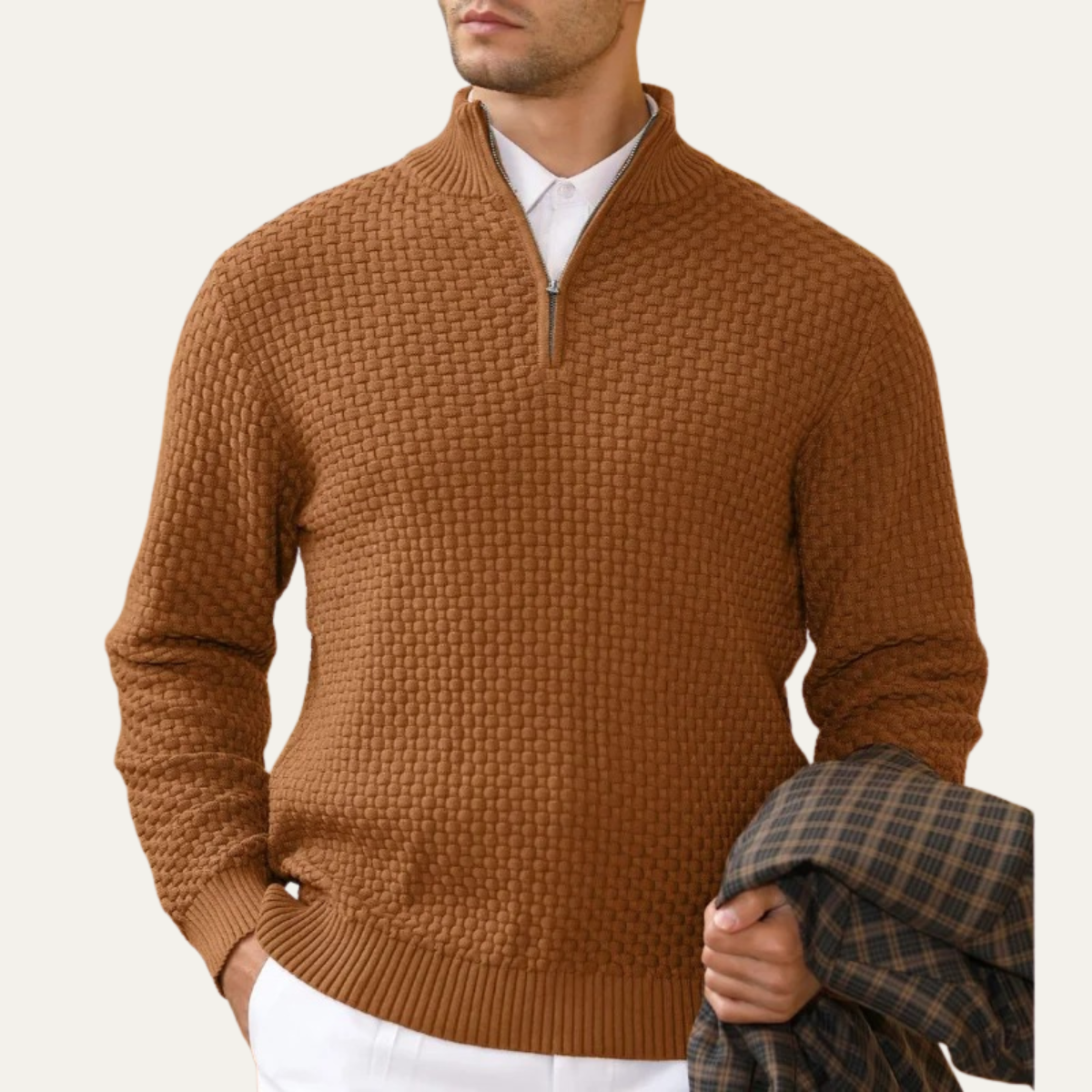 Axel | Men's Textured Quarter Zip Sweater Camel