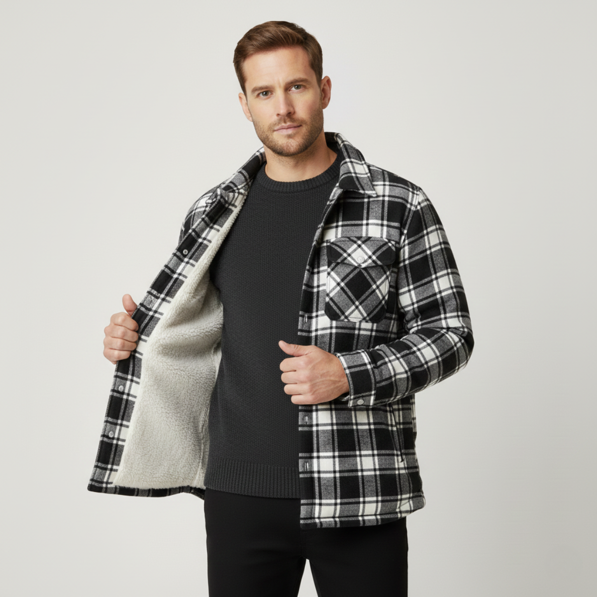 Bram | Men's Flannel Shirt Black White Plaid Long Sleeve Button Up
