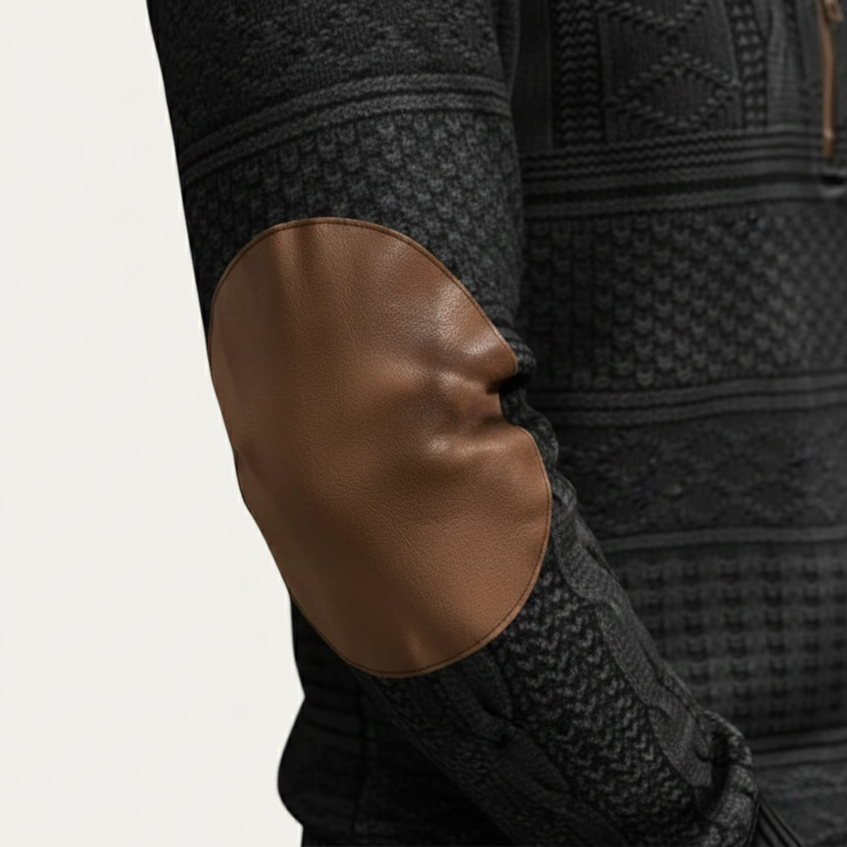Beau | Men's Cable Knit Sweater Black Brown Elbow Patches Quarter Zip