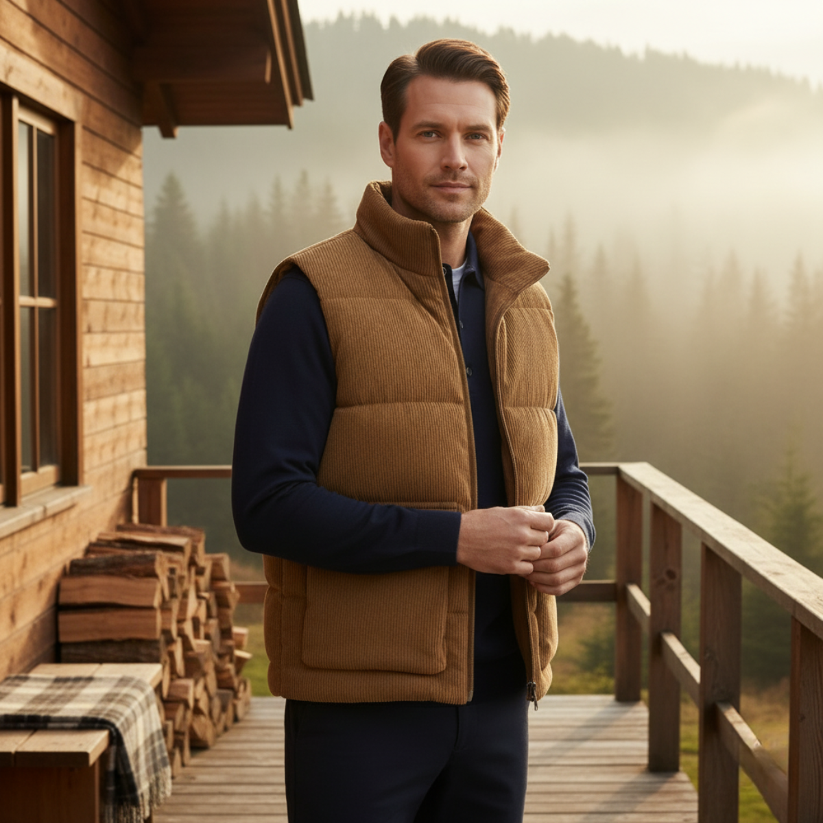 Bram | Men's Corduroy Puffer Vest Tan Sherpa Lined