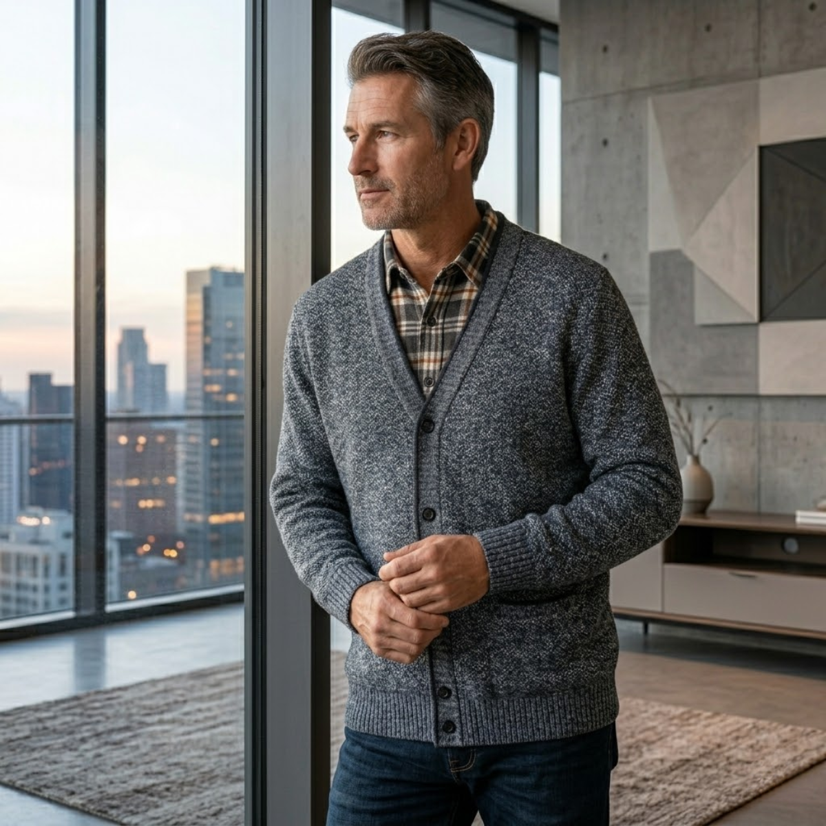 Beau | Men's Cardigan Gray Cable Knit Button Up Pockets