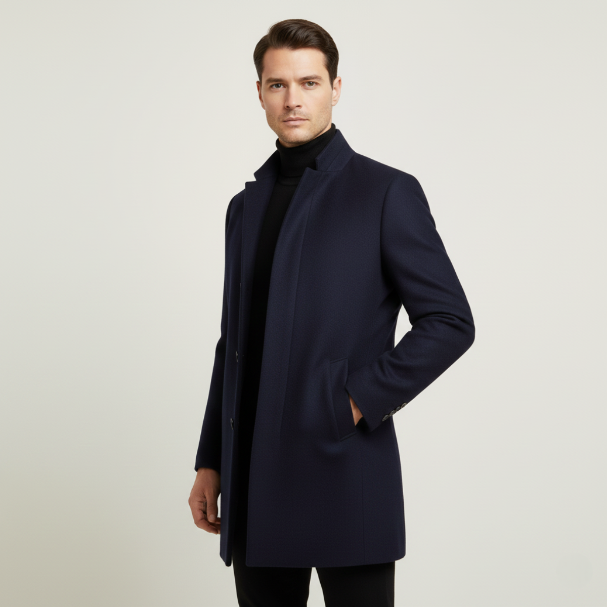Voss | Men's Navy Wool Overcoat Button Front