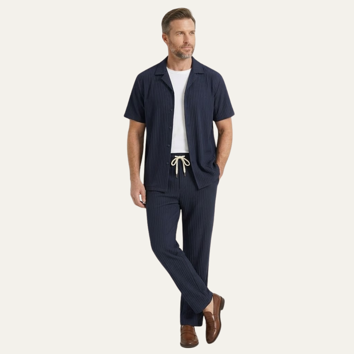 Axel | Men's Casual Pinstripe Linen Set Navy Short Sleeve