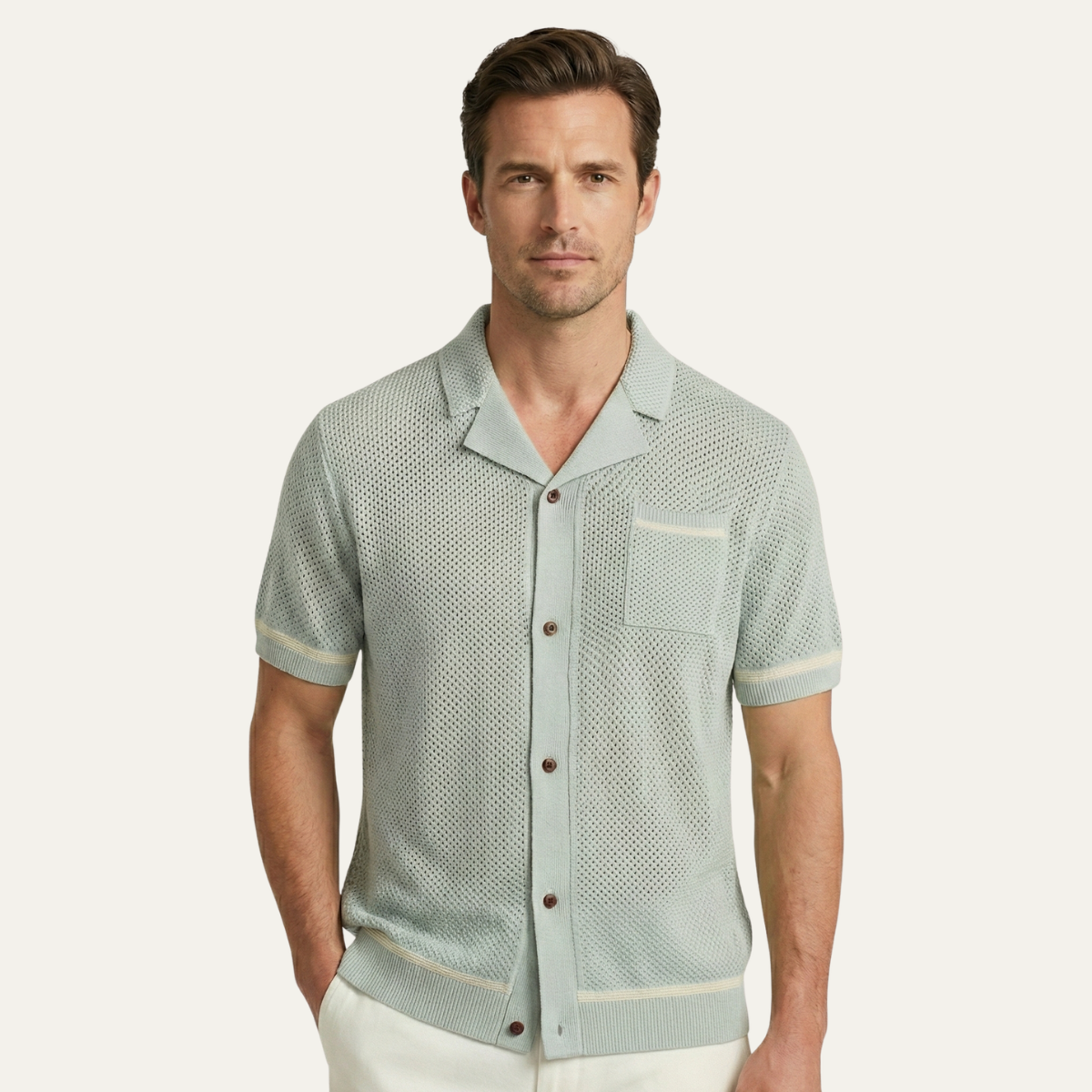 Kai | Men's Knit Button Up Shirt Light Green Short Sleeve