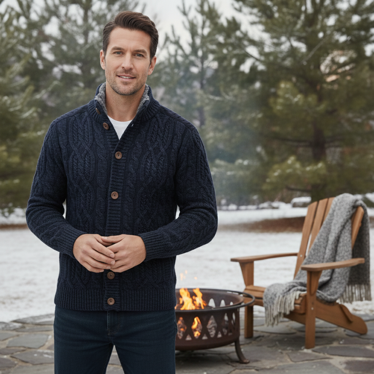 Ash | Men's Cable Knit Cardigan Tan Button Up Sweater