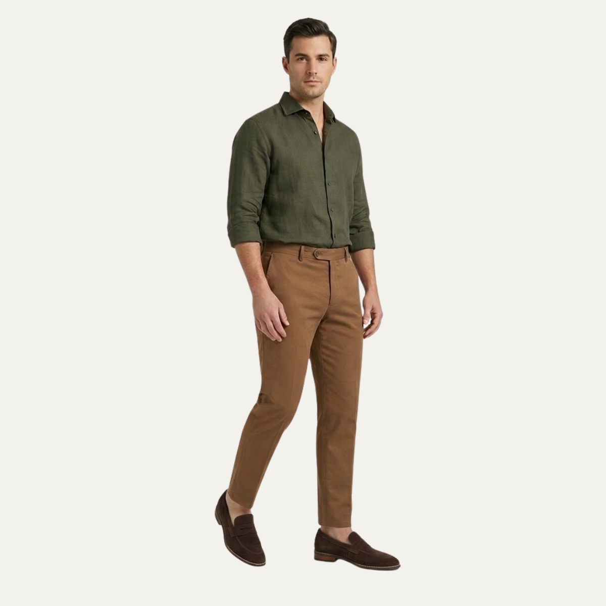 Ezra | Men's Linen Shirt Olive Green Long Sleeve Button Up