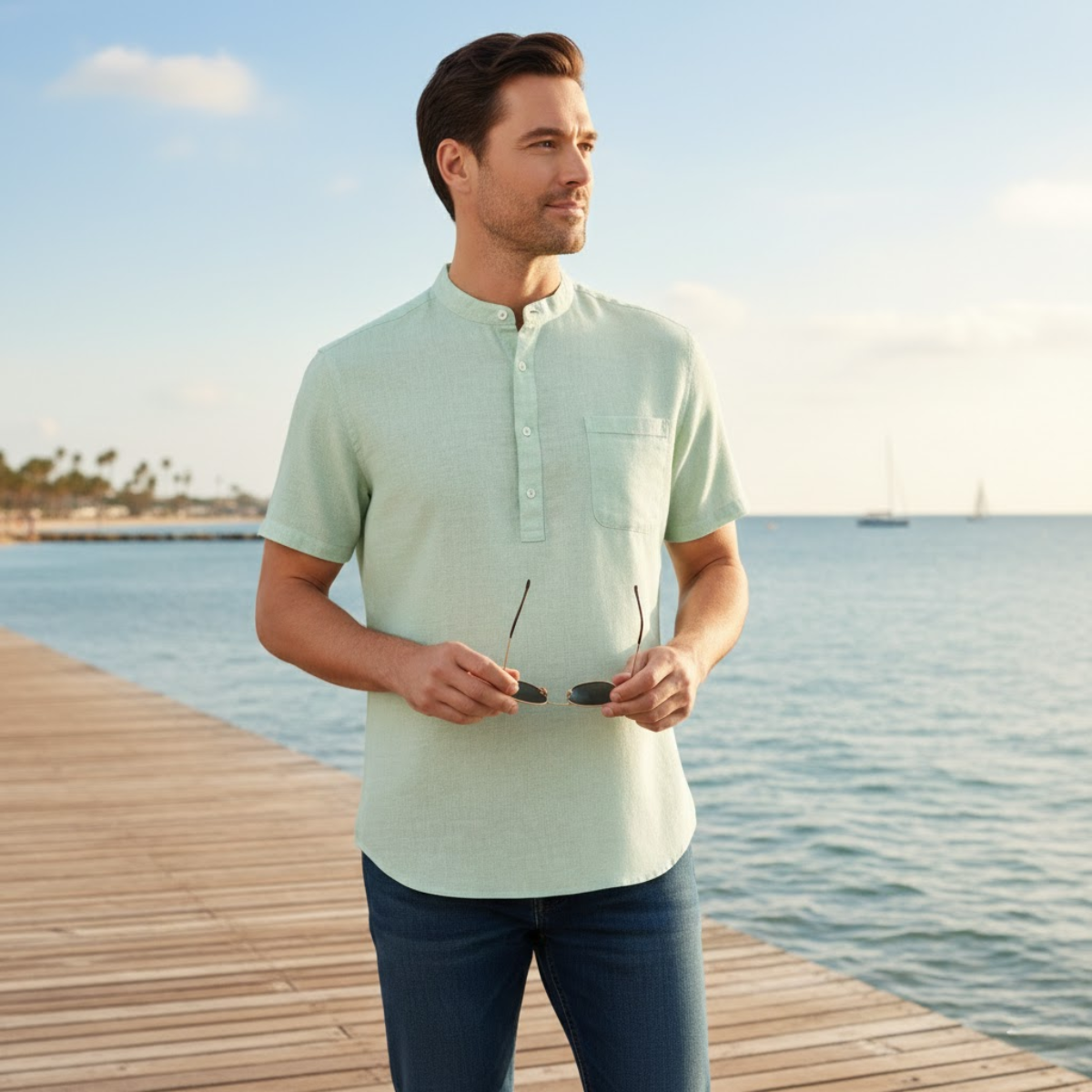 Beau | Men's Linen Henley Shirt White Short Sleeve