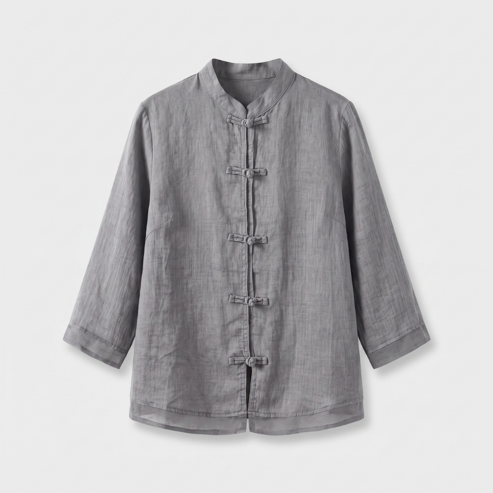 Camille | Women's Linen Shirt Green Mandarin Collar Button Up